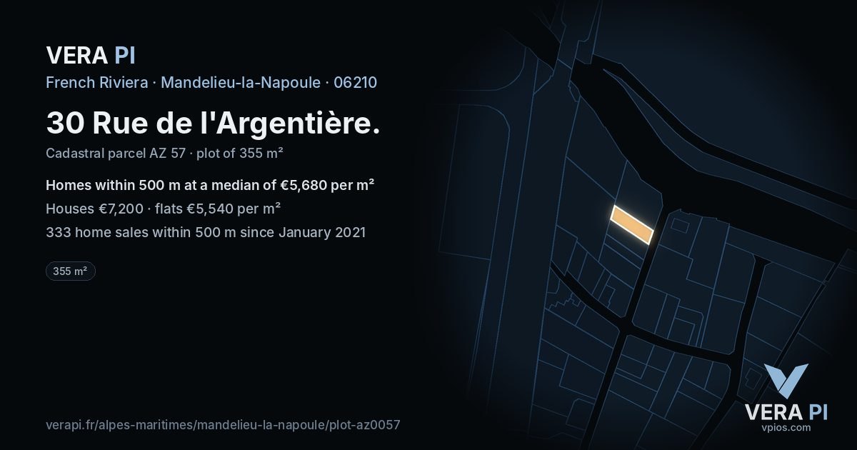 30 Rue de l'Argentière, Mandelieu-la-Napoule at night – the plot lit, the parcels around coloured by the prices near them
