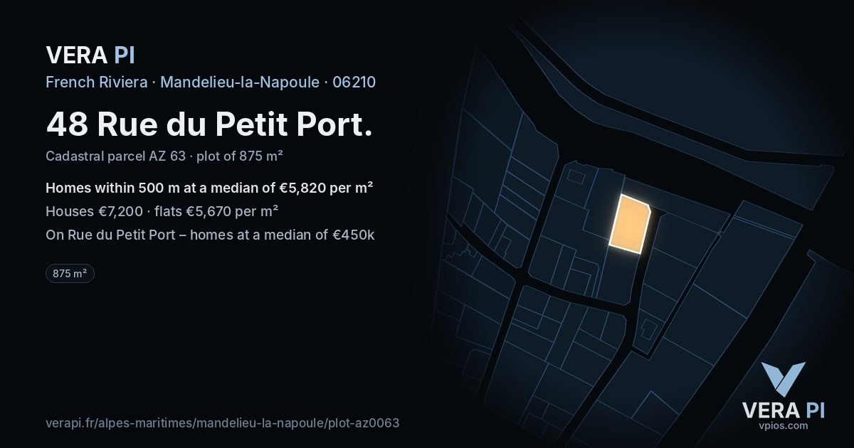 48 Rue du Petit Port, Mandelieu-la-Napoule at night – the plot lit, the parcels around coloured by the prices near them