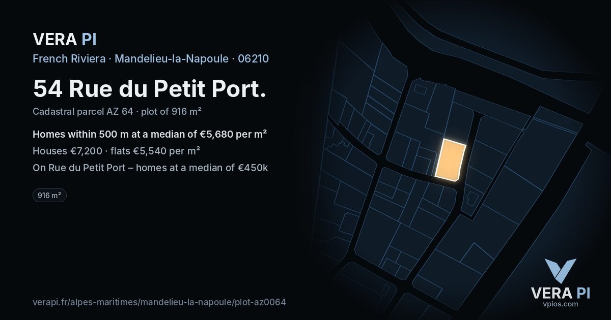 54 Rue du Petit Port, Mandelieu-la-Napoule at night – the plot lit, the parcels around coloured by the prices near them