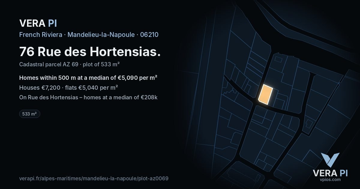 76 Rue des Hortensias, Mandelieu-la-Napoule at night – the plot lit, the parcels around coloured by the prices near them