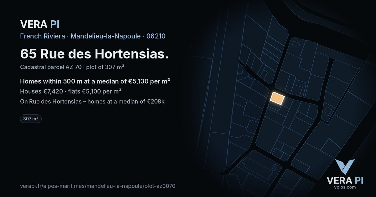 65 Rue des Hortensias, Mandelieu-la-Napoule at night – the plot lit, the parcels around coloured by the prices near them