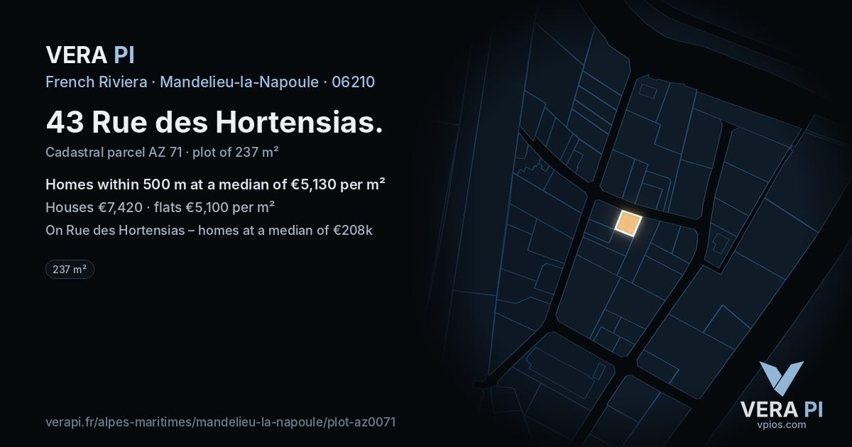 43 Rue des Hortensias, Mandelieu-la-Napoule at night – the plot lit, the parcels around coloured by the prices near them
