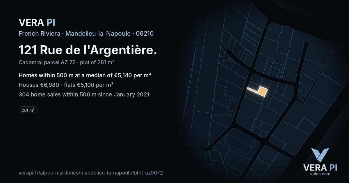 121 Rue de l'Argentière, Mandelieu-la-Napoule at night – the plot lit, the parcels around coloured by the prices near them