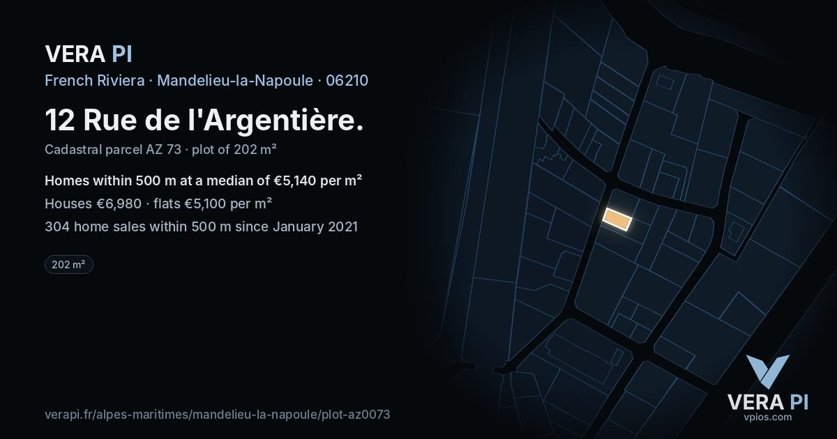 12 Rue de l'Argentière, Mandelieu-la-Napoule at night – the plot lit, the parcels around coloured by the prices near them