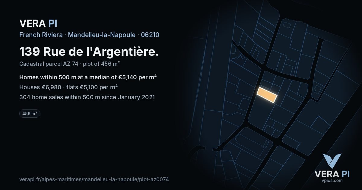 139 Rue de l'Argentière, Mandelieu-la-Napoule at night – the plot lit, the parcels around coloured by the prices near them