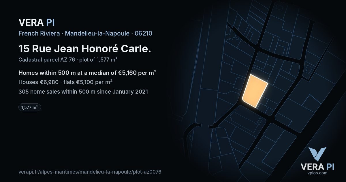 15 Rue Jean Honoré Carle, Mandelieu-la-Napoule at night – the plot lit, the parcels around coloured by the prices near them