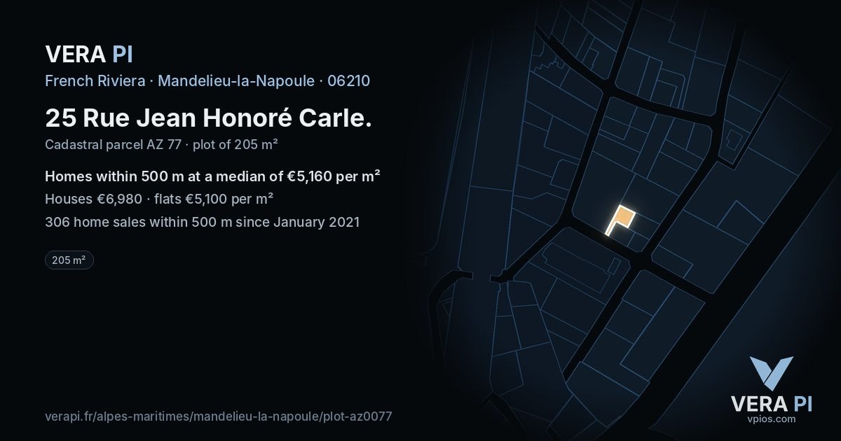 25 Rue Jean Honoré Carle, Mandelieu-la-Napoule at night – the plot lit, the parcels around coloured by the prices near them