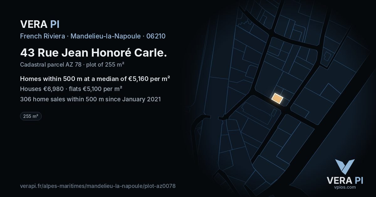 43 Rue Jean Honoré Carle, Mandelieu-la-Napoule at night – the plot lit, the parcels around coloured by the prices near them