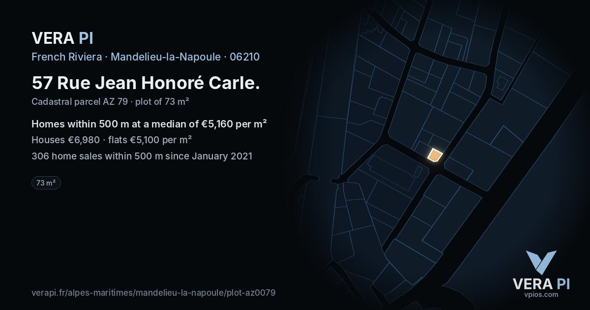 57 Rue Jean Honoré Carle, Mandelieu-la-Napoule at night – the plot lit, the parcels around coloured by the prices near them