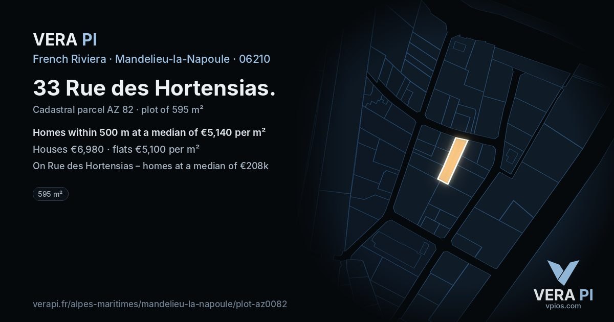 33 Rue des Hortensias, Mandelieu-la-Napoule at night – the plot lit, the parcels around coloured by the prices near them