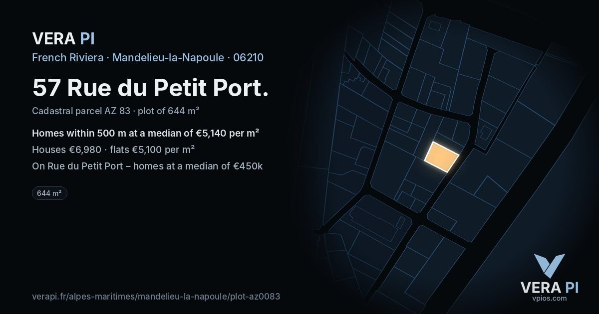 57 Rue du Petit Port, Mandelieu-la-Napoule at night – the plot lit, the parcels around coloured by the prices near them