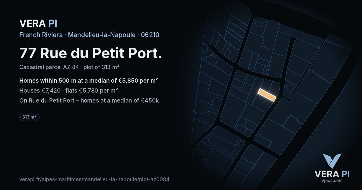 77 Rue du Petit Port, Mandelieu-la-Napoule at night – the plot lit, the parcels around coloured by the prices near them