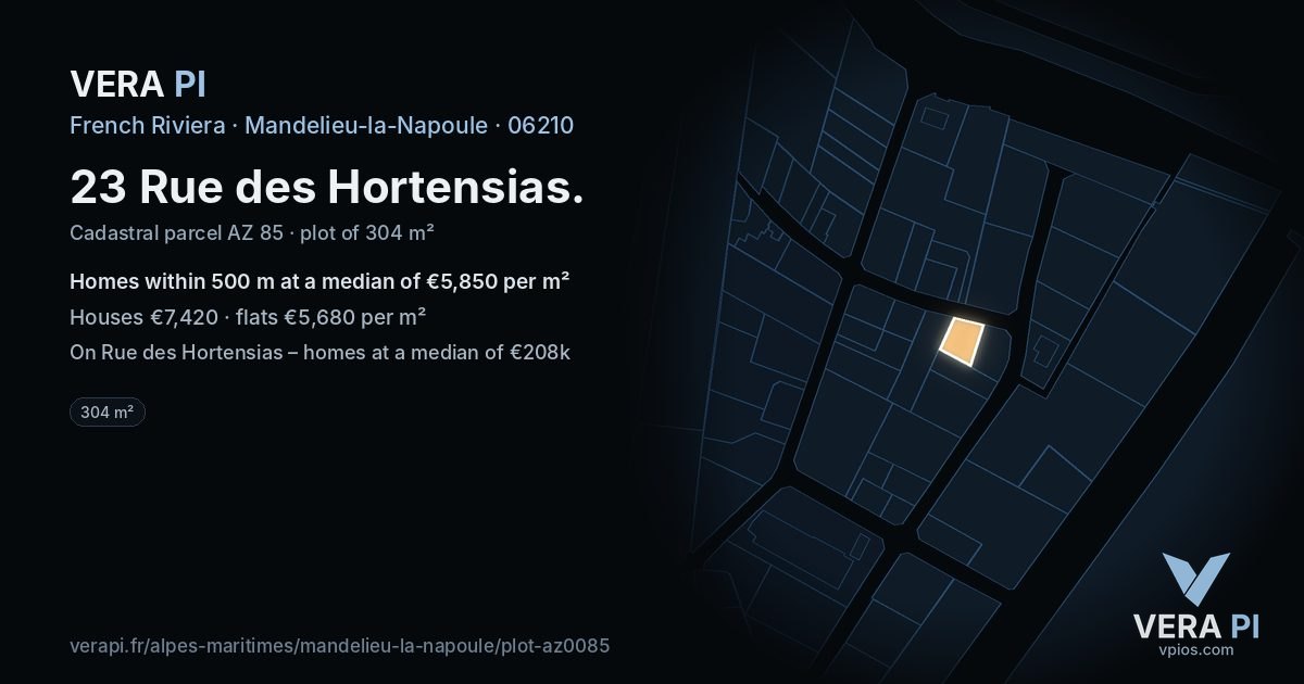 23 Rue des Hortensias, Mandelieu-la-Napoule at night – the plot lit, the parcels around coloured by the prices near them