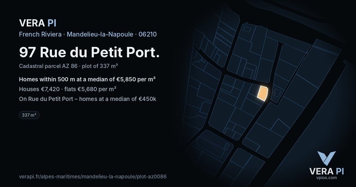 97 Rue du Petit Port, Mandelieu-la-Napoule at night – the plot lit, the parcels around coloured by the prices near them