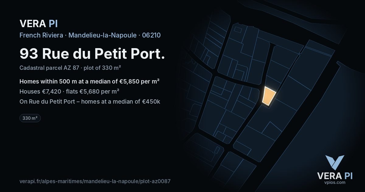 93 Rue du Petit Port, Mandelieu-la-Napoule at night – the plot lit, the parcels around coloured by the prices near them