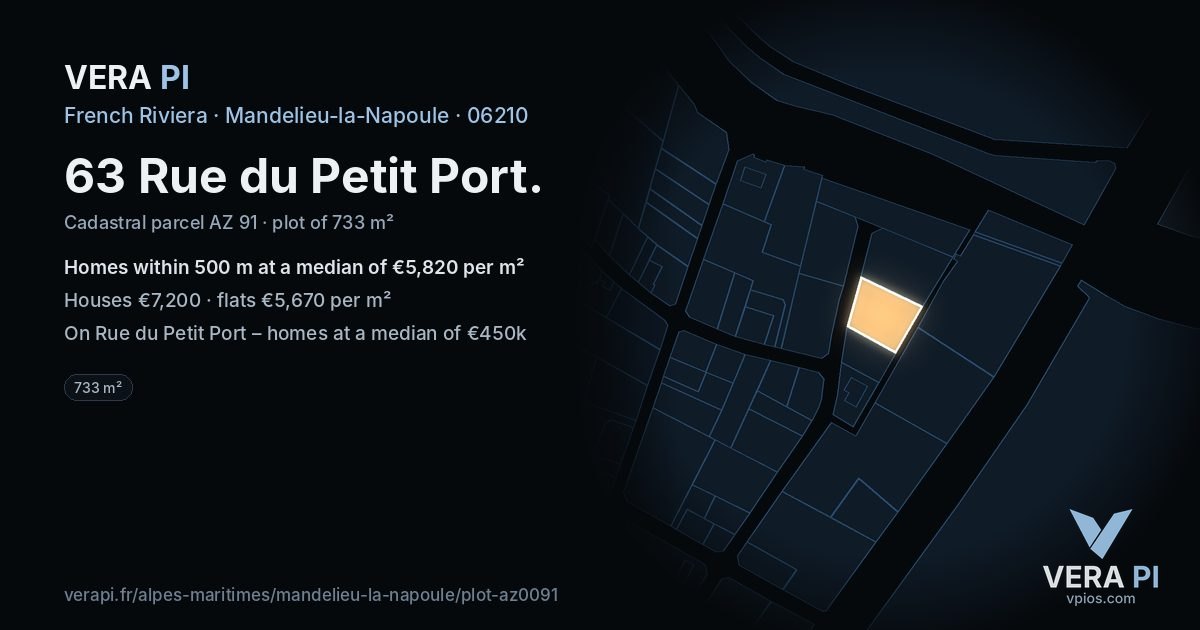 63 Rue du Petit Port, Mandelieu-la-Napoule at night – the plot lit, the parcels around coloured by the prices near them