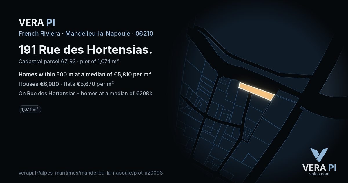 191 Rue des Hortensias, Mandelieu-la-Napoule at night – the plot lit, the parcels around coloured by the prices near them