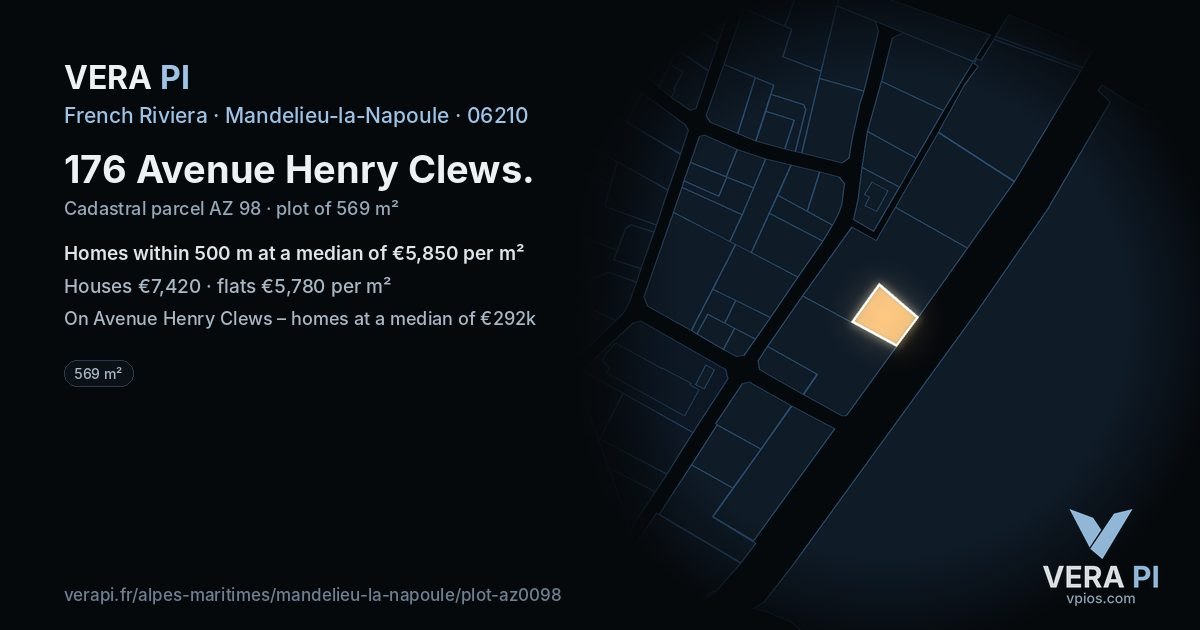 176 Avenue Henry Clews, Mandelieu-la-Napoule at night – the plot lit, the parcels around coloured by the prices near them