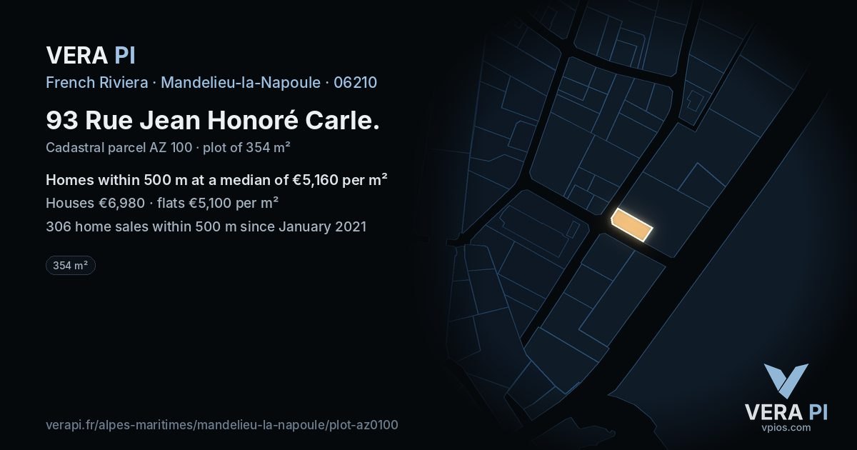 93 Rue Jean Honoré Carle, Mandelieu-la-Napoule at night – the plot lit, the parcels around coloured by the prices near them