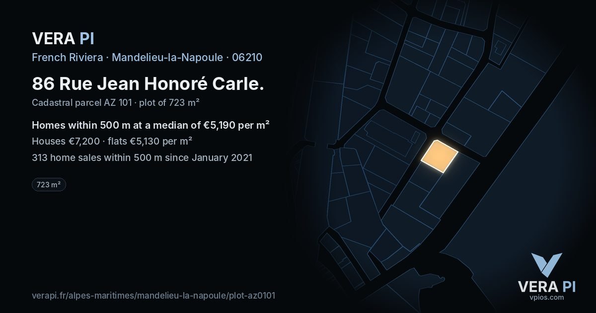 86 Rue Jean Honoré Carle, Mandelieu-la-Napoule at night – the plot lit, the parcels around coloured by the prices near them