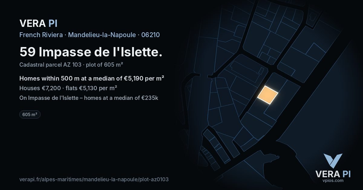 59 Impasse de l'Islette, Mandelieu-la-Napoule at night – the plot lit, the parcels around coloured by the prices near them