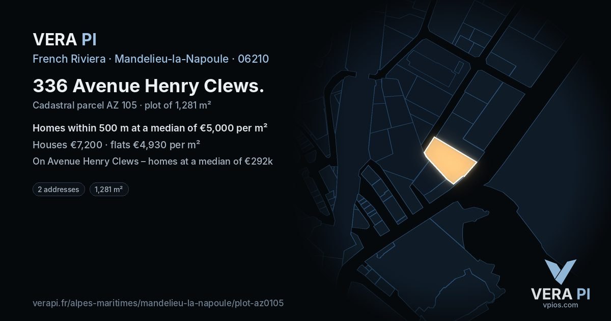 336 Avenue Henry Clews, Mandelieu-la-Napoule at night – the plot lit, the parcels around coloured by the prices near them