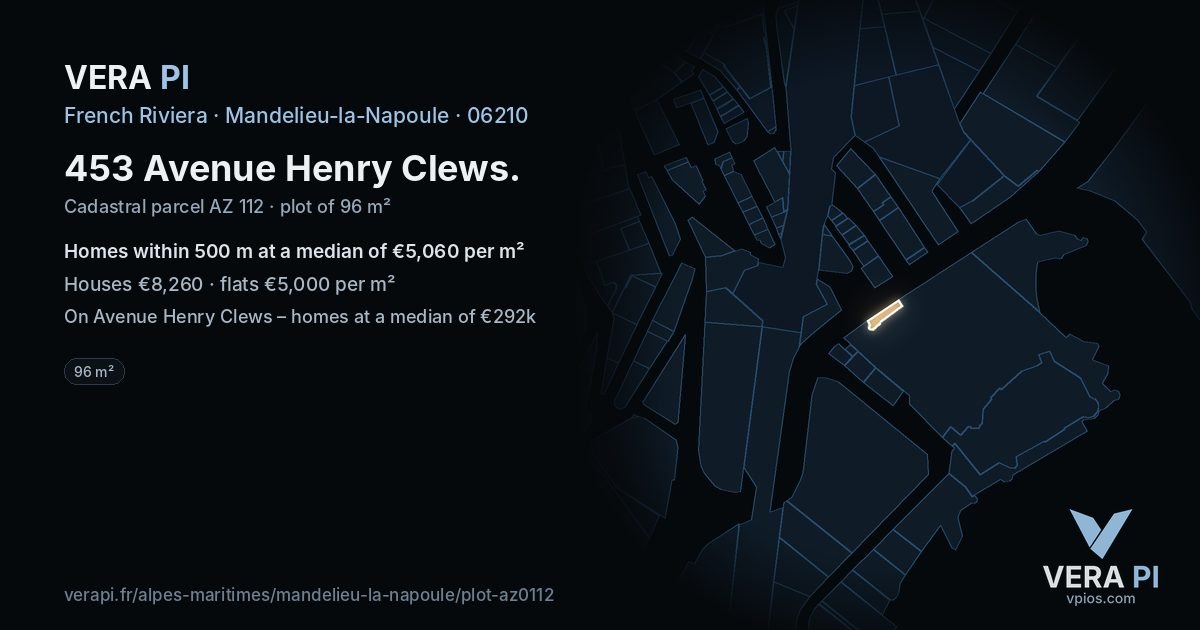 453 Avenue Henry Clews, Mandelieu-la-Napoule at night – the plot lit, the parcels around coloured by the prices near them