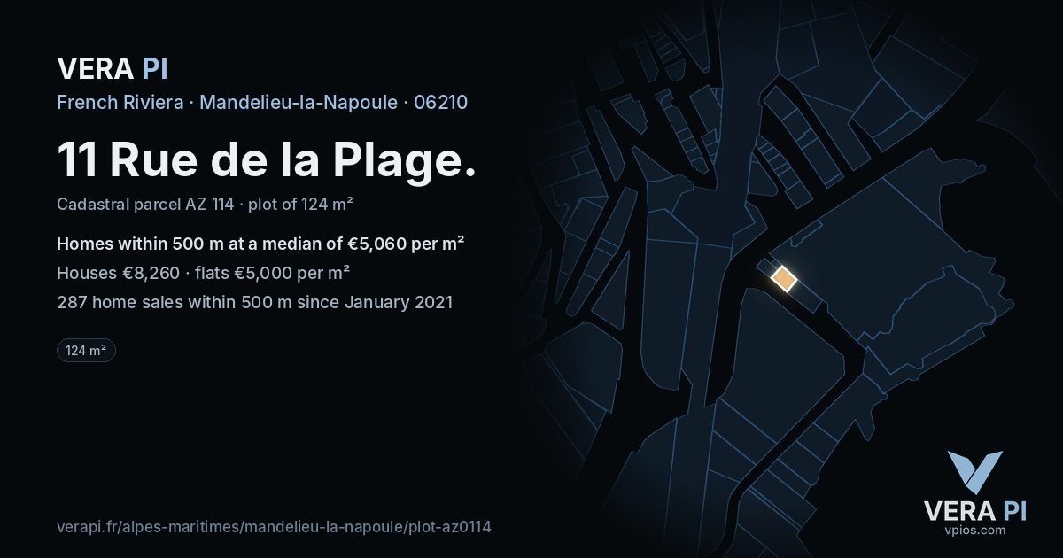 11 Rue de la Plage, Mandelieu-la-Napoule at night – the plot lit, the parcels around coloured by the prices near them
