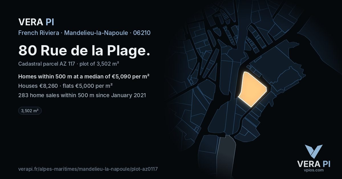 80 Rue de la Plage, Mandelieu-la-Napoule at night – the plot lit, the parcels around coloured by the prices near them