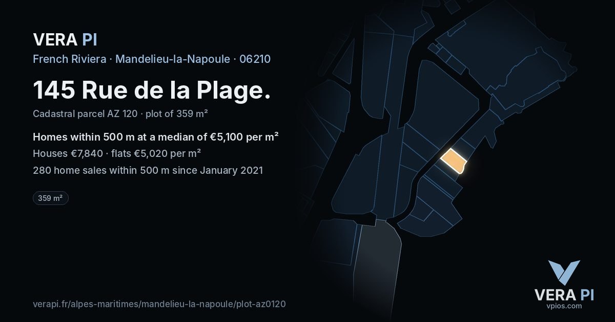 145 Rue de la Plage, Mandelieu-la-Napoule at night – the plot lit, the parcels around coloured by the prices near them