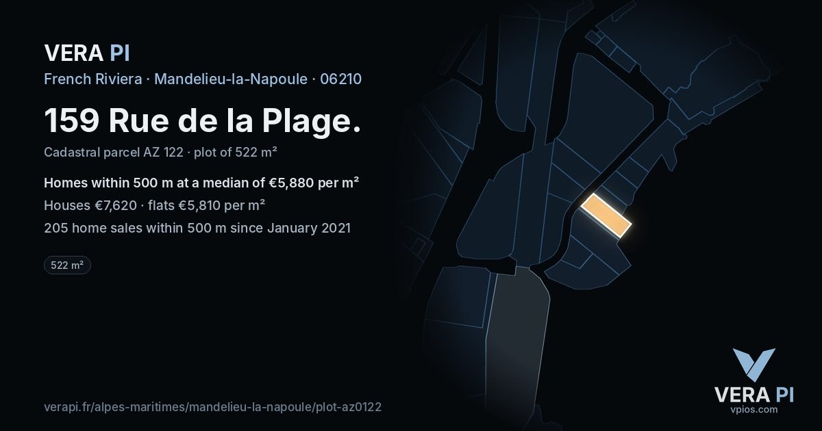 159 Rue de la Plage, Mandelieu-la-Napoule at night – the plot lit, the parcels around coloured by the prices near them