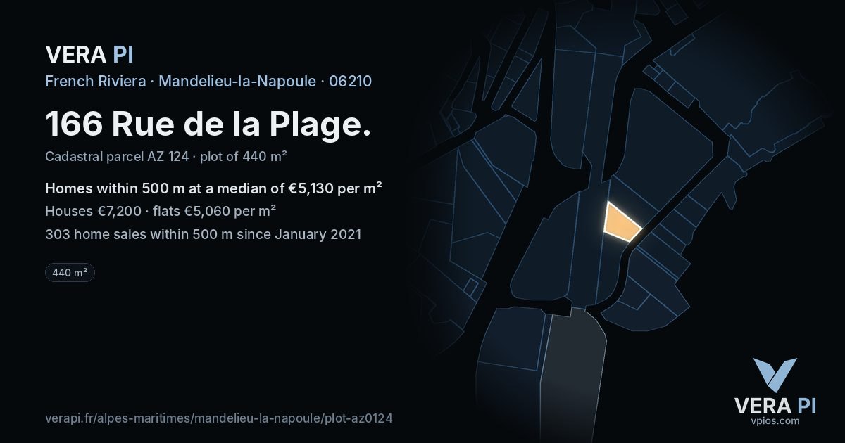 166 Rue de la Plage, Mandelieu-la-Napoule at night – the plot lit, the parcels around coloured by the prices near them