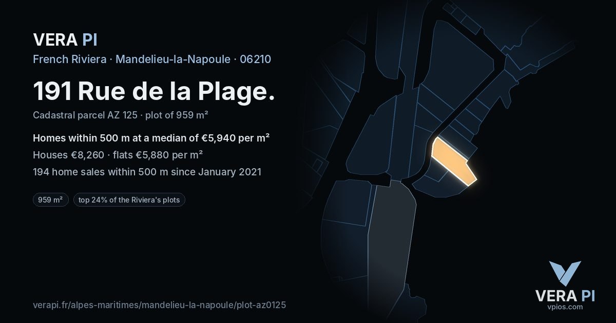 191 Rue de la Plage, Mandelieu-la-Napoule at night – the plot lit, the parcels around coloured by the prices near them