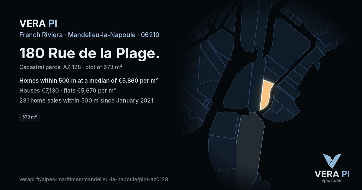 180 Rue de la Plage, Mandelieu-la-Napoule at night – the plot lit, the parcels around coloured by the prices near them