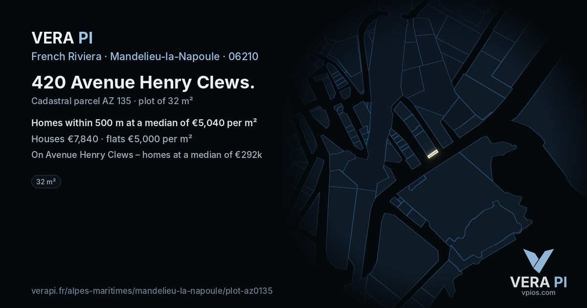 420 Avenue Henry Clews, Mandelieu-la-Napoule at night – the plot lit, the parcels around coloured by the prices near them
