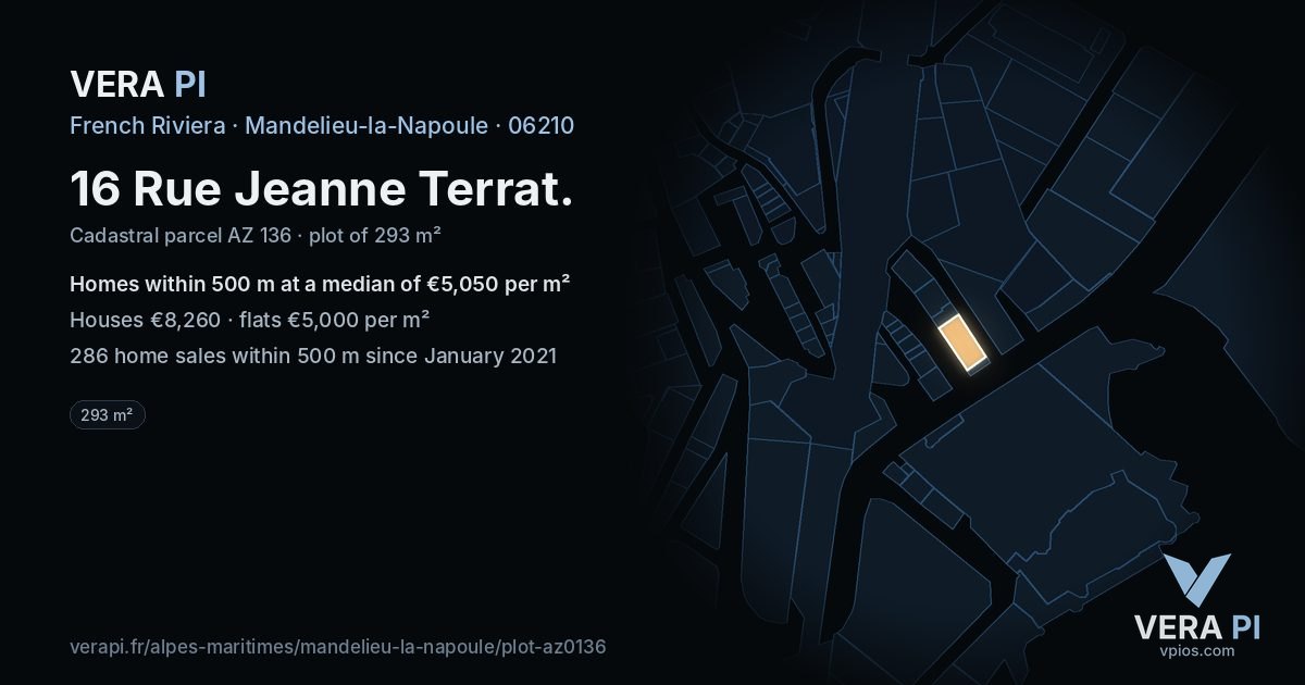 16 Rue Jeanne Terrat, Mandelieu-la-Napoule at night – the plot lit, the parcels around coloured by the prices near them