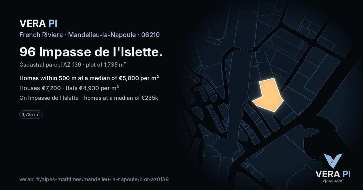 96 Impasse de l'Islette, Mandelieu-la-Napoule at night – the plot lit, the parcels around coloured by the prices near them