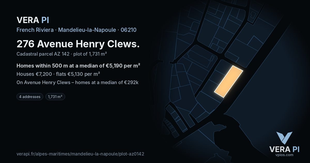 276 Avenue Henry Clews, Mandelieu-la-Napoule at night – the plot lit, the parcels around coloured by the prices near them