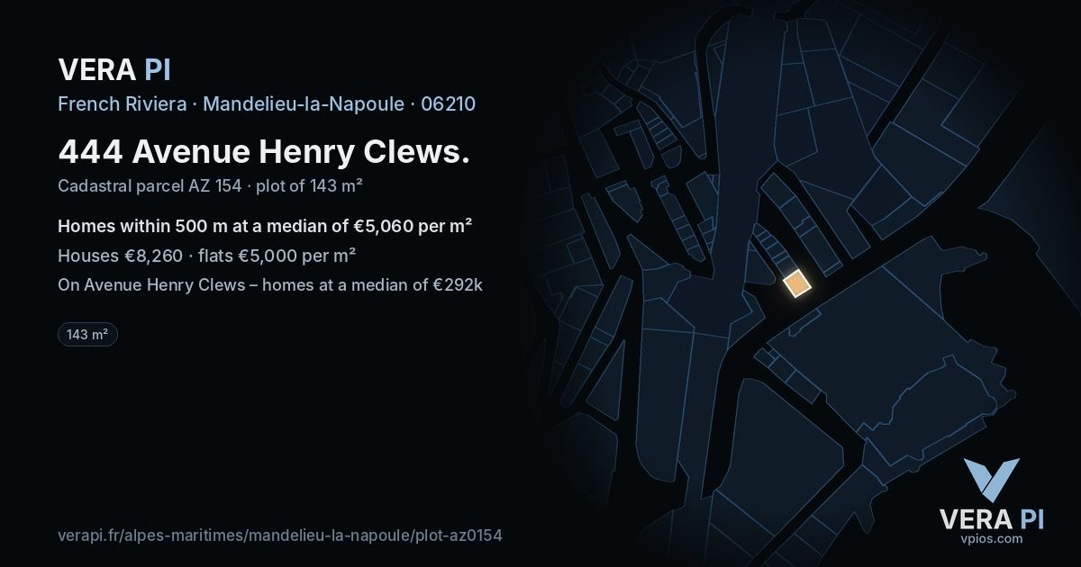 444 Avenue Henry Clews, Mandelieu-la-Napoule at night – the plot lit, the parcels around coloured by the prices near them