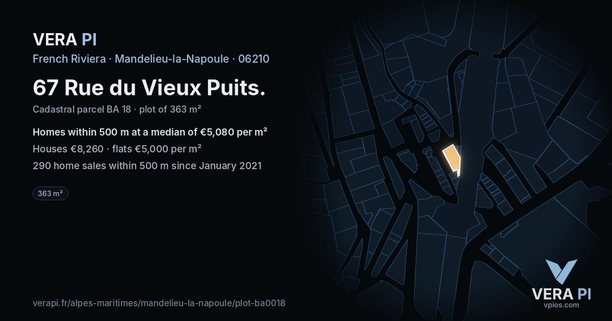 67 Rue du Vieux Puits, Mandelieu-la-Napoule at night – the plot lit, the parcels around coloured by the prices near them