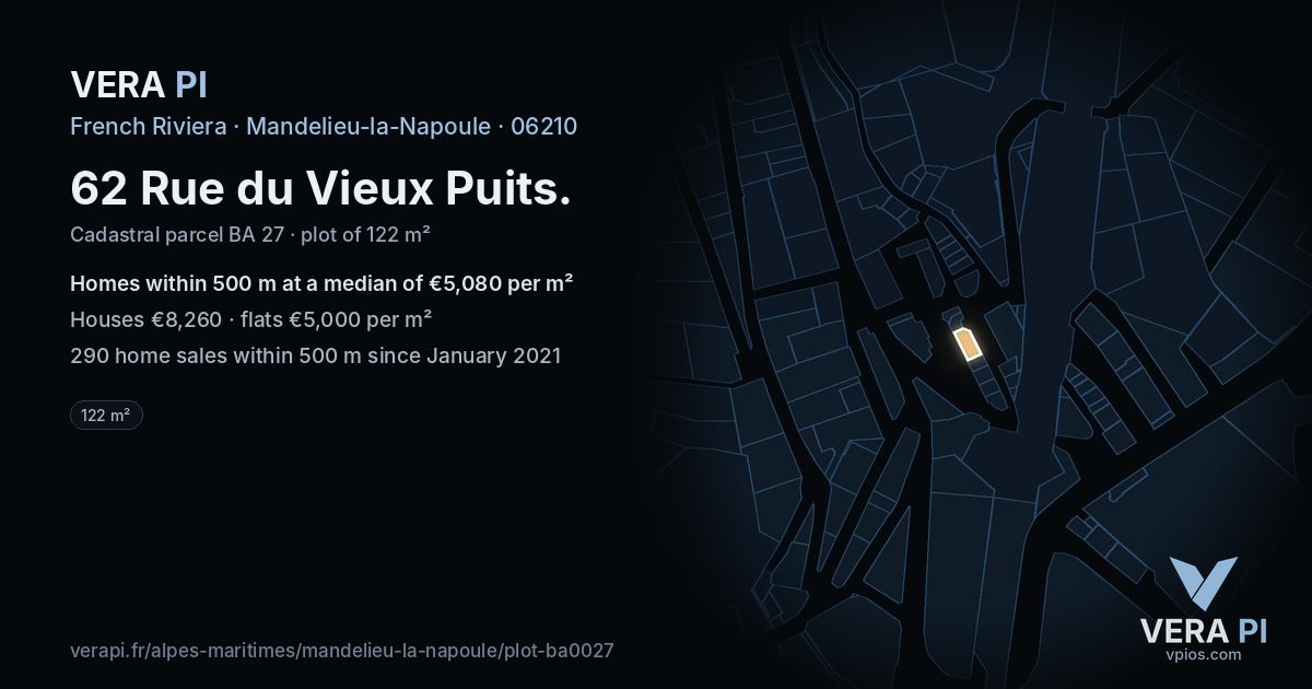 62 Rue du Vieux Puits, Mandelieu-la-Napoule at night – the plot lit, the parcels around coloured by the prices near them