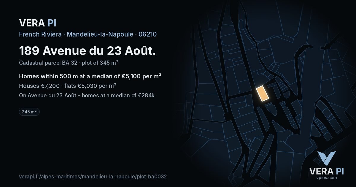 189 Avenue du 23 Août, Mandelieu-la-Napoule at night – the plot lit, the parcels around coloured by the prices near them
