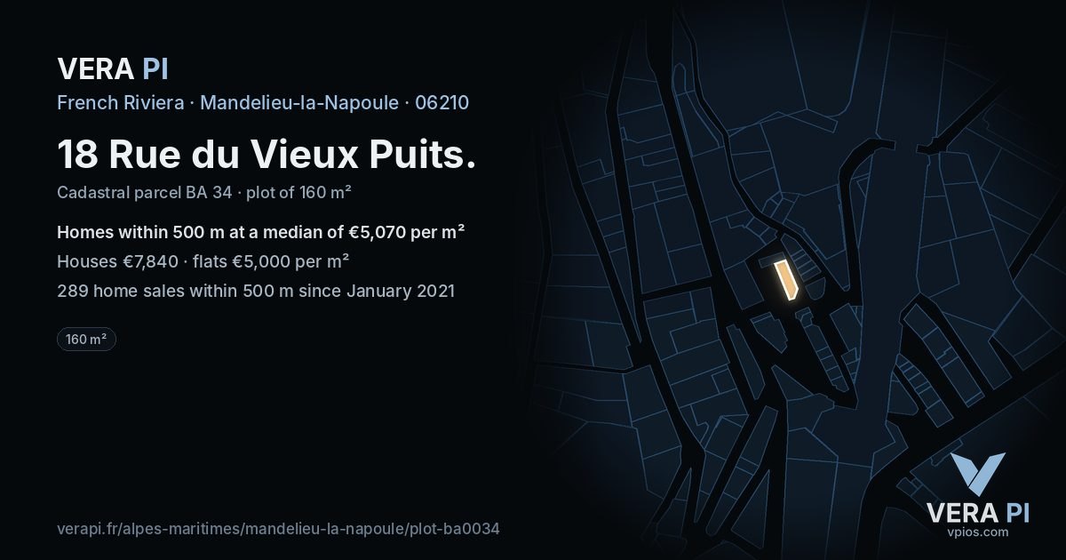 18 Rue du Vieux Puits, Mandelieu-la-Napoule at night – the plot lit, the parcels around coloured by the prices near them