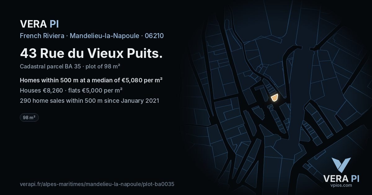 43 Rue du Vieux Puits, Mandelieu-la-Napoule at night – the plot lit, the parcels around coloured by the prices near them