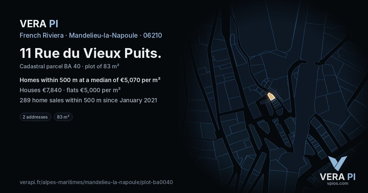 11 Rue du Vieux Puits, Mandelieu-la-Napoule at night – the plot lit, the parcels around coloured by the prices near them