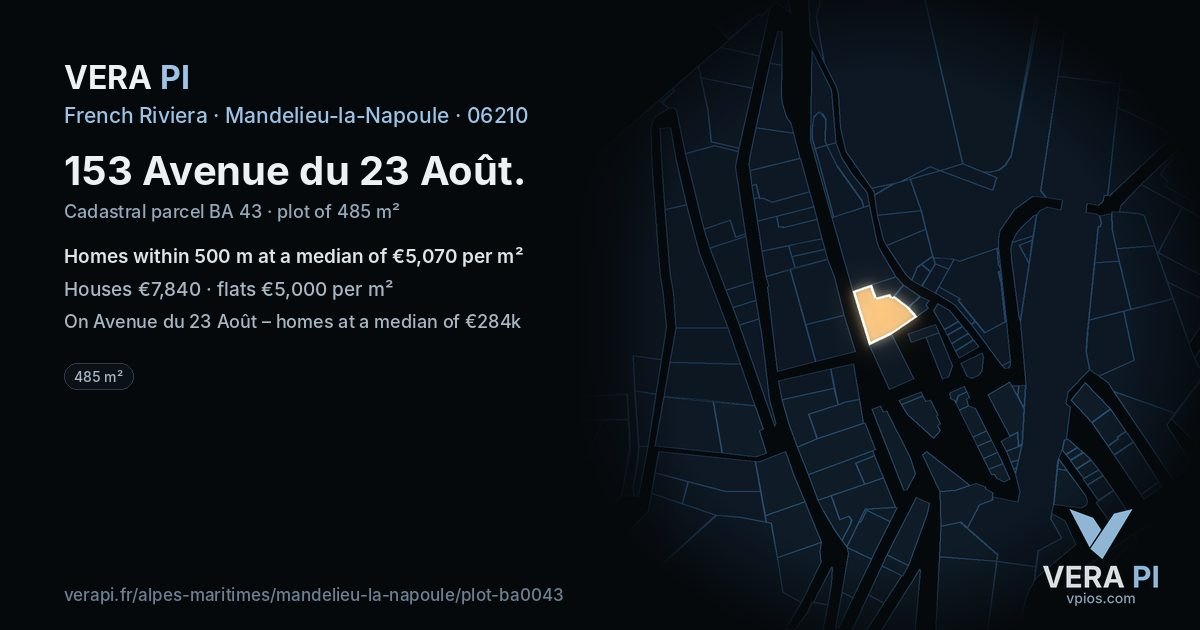 153 Avenue du 23 Août, Mandelieu-la-Napoule at night – the plot lit, the parcels around coloured by the prices near them