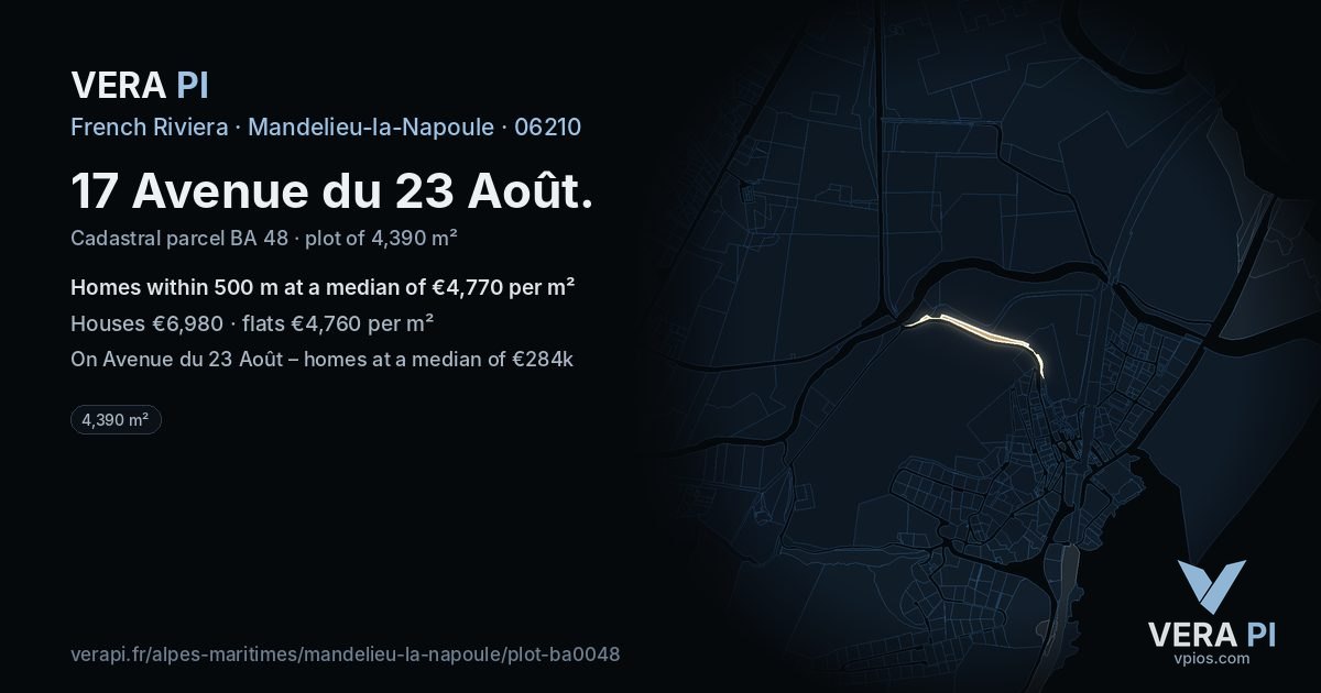 17 Avenue du 23 Août, Mandelieu-la-Napoule at night – the plot lit, the parcels around coloured by the prices near them