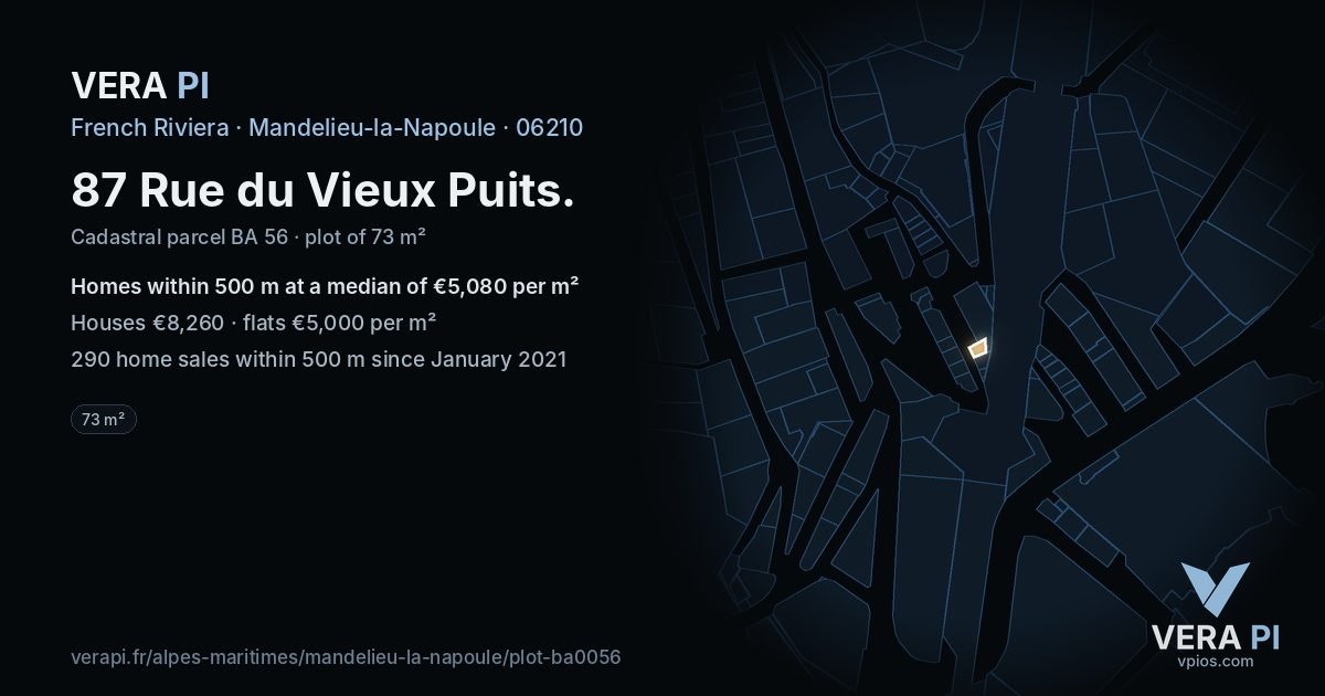 87 Rue du Vieux Puits, Mandelieu-la-Napoule at night – the plot lit, the parcels around coloured by the prices near them
