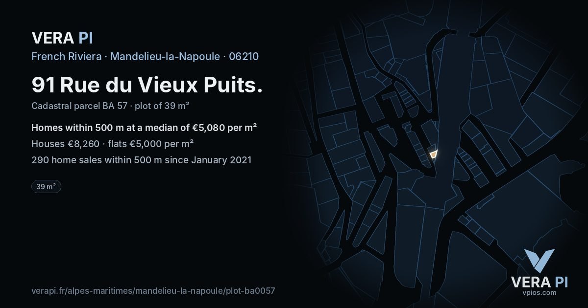 91 Rue du Vieux Puits, Mandelieu-la-Napoule at night – the plot lit, the parcels around coloured by the prices near them