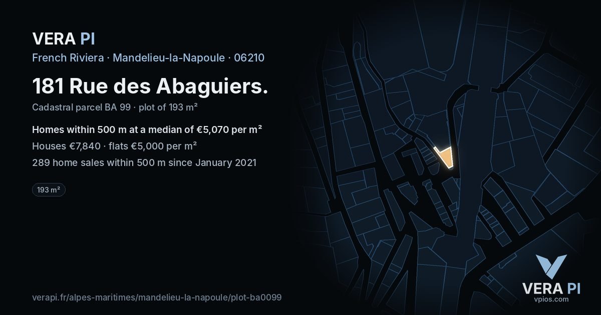 181 Rue des Abaguiers, Mandelieu-la-Napoule at night – the plot lit, the parcels around coloured by the prices near them